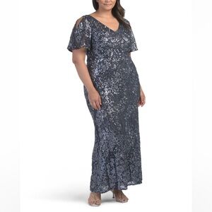 Elegant Blue Charcoal Sequin Gown ALEX EVENINGS Embellished V-Neck Gown Size 16P